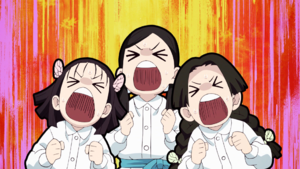 Kiyo, Sumi, and Naho cheering for Tanjiro