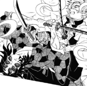 Sanemi using Genya's blade with his leg to attack Kokushibo
